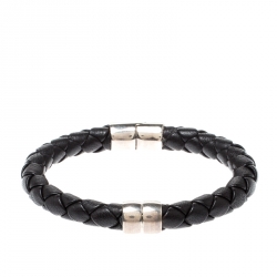 Pre Owned Bottega Veneta Black Woven Leather Silver Narrow Bracelet