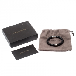 Pre Owned Bottega Veneta Black Woven Leather Silver Narrow Bracelet