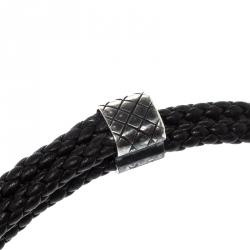 Bottega Veneta Black Woven Leather Silver Adjustable Bracelet