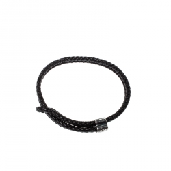 Bottega Veneta Black Woven Leather Silver Adjustable Bracelet