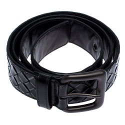 Pre Owned Bottega Veneta Black Intrecciato Leather Buckle Belt 95CM