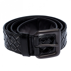 Pre Owned Bottega Veneta Black Intrecciato Leather Buckle Belt 95CM