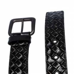 Pre Owned Bottega Veneta Black Intrecciato Leather Buckle Belt 95CM