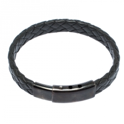 Bottega Veneta Grey Intrecciato Woven Leather Sterling Silver Bracelet