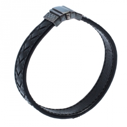 Bottega Veneta Black Intrecciato Leather Silver Bracelet