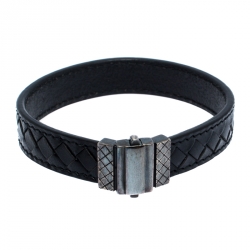 Bottega Veneta Black Intrecciato Leather Silver Bracelet
