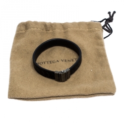 Bottega Veneta Black Intrecciato Leather Silver Bracelet