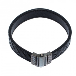 Bottega Veneta Black Intrecciato Leather Silver Bracelet