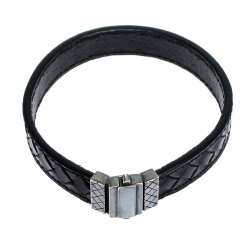 Bottega Veneta Black Intrecciato Woven Leather Silver Bracelet S