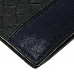 Pre Owned Bottega Veneta Dark Grey/Blue Intrecciato Leather Card Holder