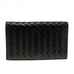 Pre Owned Bottega Veneta Black Intrecciato Leather Tri Wallet