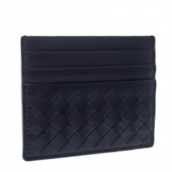 Pre Owned Bottega Veneta Blue Intrecciato Leather Card Holder