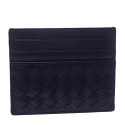 Pre Owned Bottega Veneta Blue Intrecciato Leather Card Holder