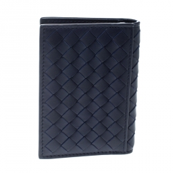 Pre Owned Bottega Veneta Dark Blue Intrecciato Leather Card Holder