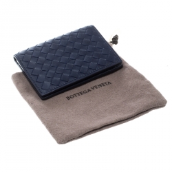 Pre Owned Bottega Veneta Dark Blue Intrecciato Leather Card Holder