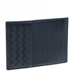 Pre Owned Bottega Veneta Navy Blue Intrecciato Leather Prusse Card Holder