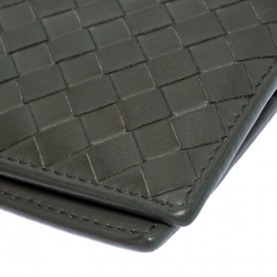 Pre Owned Bottega Veneta Dark Olive Green Intrecciato Leather Bifold Wallet