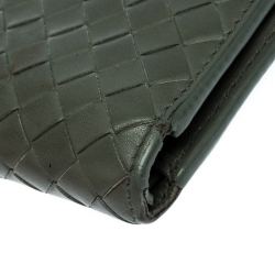 Pre Owned Bottega Veneta Dark Olive Green Intrecciato Leather Bifold Wallet