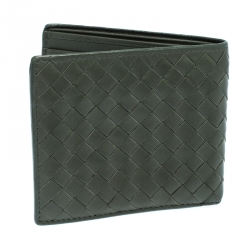 Pre Owned Bottega Veneta Dark Olive Green Intrecciato Leather Bifold Wallet