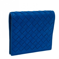 Pre Owned Bottega Veneta Blue Intrecciato Leather Bifold Card Holder