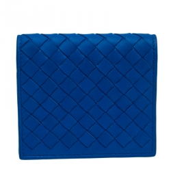 Pre Owned Bottega Veneta Blue Intrecciato Leather Bifold Card Holder