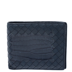 Bottega Veneta Blue Intrecciato Leather and Crocodile Bifold Wallet