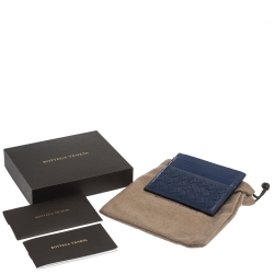 Pre Owned Bottega Veneta Blue Intrecciato Leather Card Holder