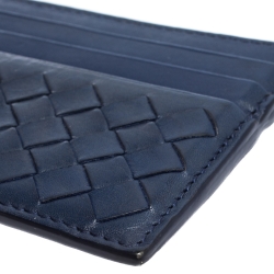 Pre Owned Bottega Veneta Blue Intrecciato Leather Card Holder