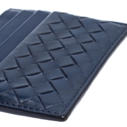 Pre Owned Bottega Veneta Blue Intrecciato Leather Card Holder
