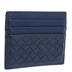 Pre Owned Bottega Veneta Blue Intrecciato Leather Card Holder