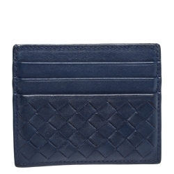 Pre Owned Bottega Veneta Blue Intrecciato Leather Card Holder
