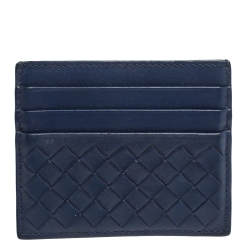 Pre Owned Bottega Veneta Blue Intrecciato Leather Card Holder