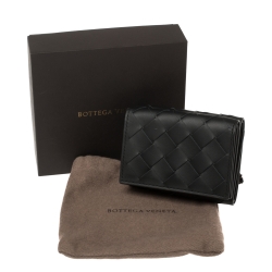 Pre Owned Bottega Veneta Black Intrecciato Leather Trifold Wallet