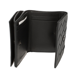 Pre Owned Bottega Veneta Black Intrecciato Leather Trifold Wallet