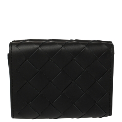 Pre Owned Bottega Veneta Black Intrecciato Leather Trifold Wallet