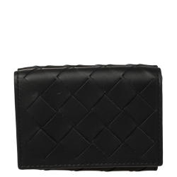 Pre Owned Bottega Veneta Black Intrecciato Leather Trifold Wallet