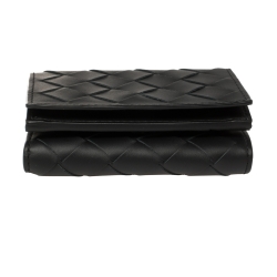 Pre Owned Bottega Veneta Black Intrecciato Leather Trifold Wallet