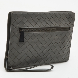Bottega Veneta Grey Intrecciato Leather Zip Wristlet Clutch