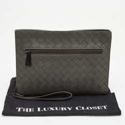 Bottega Veneta Grey Intrecciato Leather Zip Wristlet Clutch