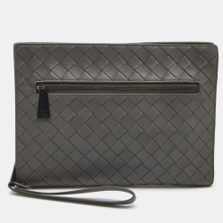 Bottega Veneta Grey Intrecciato Leather Zip Wristlet Clutch