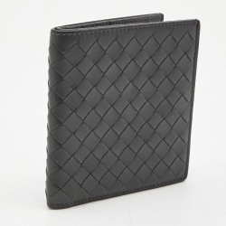Pre Owned Bottega Veneta Dark Grey Intrecciato Leather Bifold Compact Wallet