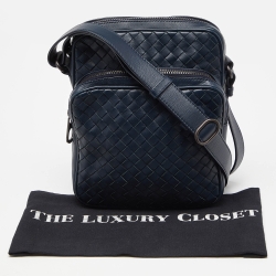 Bottega Veneta Blue Intrecciato Leather Messenger Bag