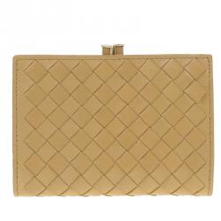 Pre Owned Bottega Veneta Yellow Leather Ebano Woven French Wallet