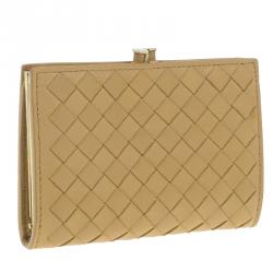 Pre Owned Bottega Veneta Yellow Leather Ebano Woven French Wallet