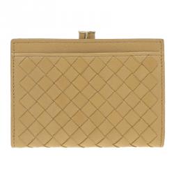 Pre Owned Bottega Veneta Yellow Leather Ebano Woven French Wallet
