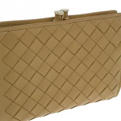 Pre Owned Bottega Veneta Yellow Leather Ebano Woven French Wallet