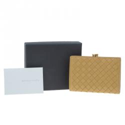 Pre Owned Bottega Veneta Yellow Leather Ebano Woven French Wallet