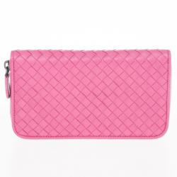 Pre Owned Bottega Veneta Pink Intreciatto Zip Around Wallet
