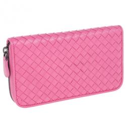 Pre Owned Bottega Veneta Pink Intreciatto Zip Around Wallet