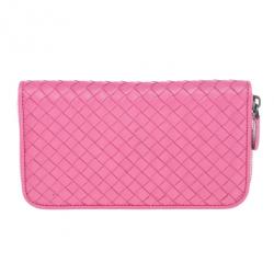 Pre Owned Bottega Veneta Pink Intreciatto Zip Around Wallet